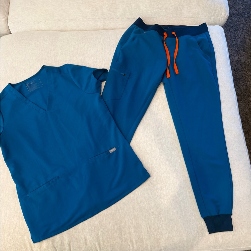 Figs Blue Scrub Set with Orange Accents